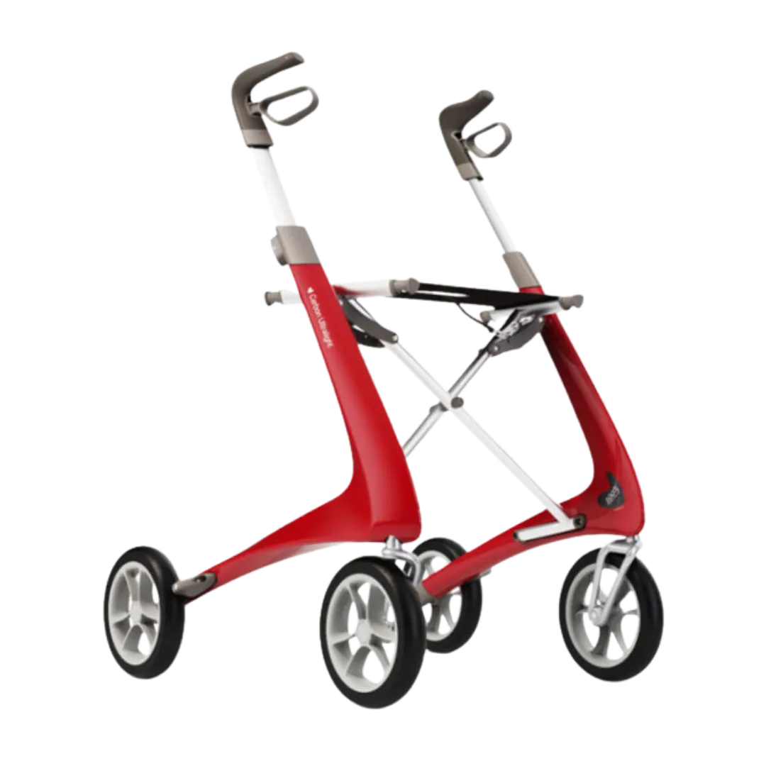 Red lightweight four-wheel rollator with seat and hand brakes