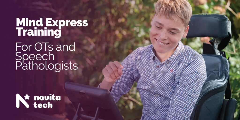 A promotional graphic from the file Mind-Express-Training-Humanitix-Header-2-3200x1600.jpg for NovitaTech's Mind Express Training. The left side features a dark purple background with white text reading: 